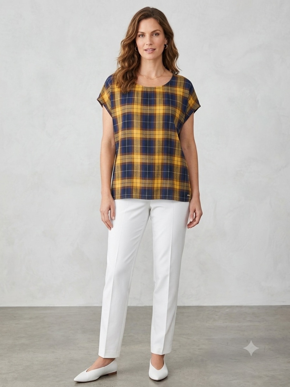 Coldwater Creek Yellow and Navy Plaid Cap-Sleeve Blouse